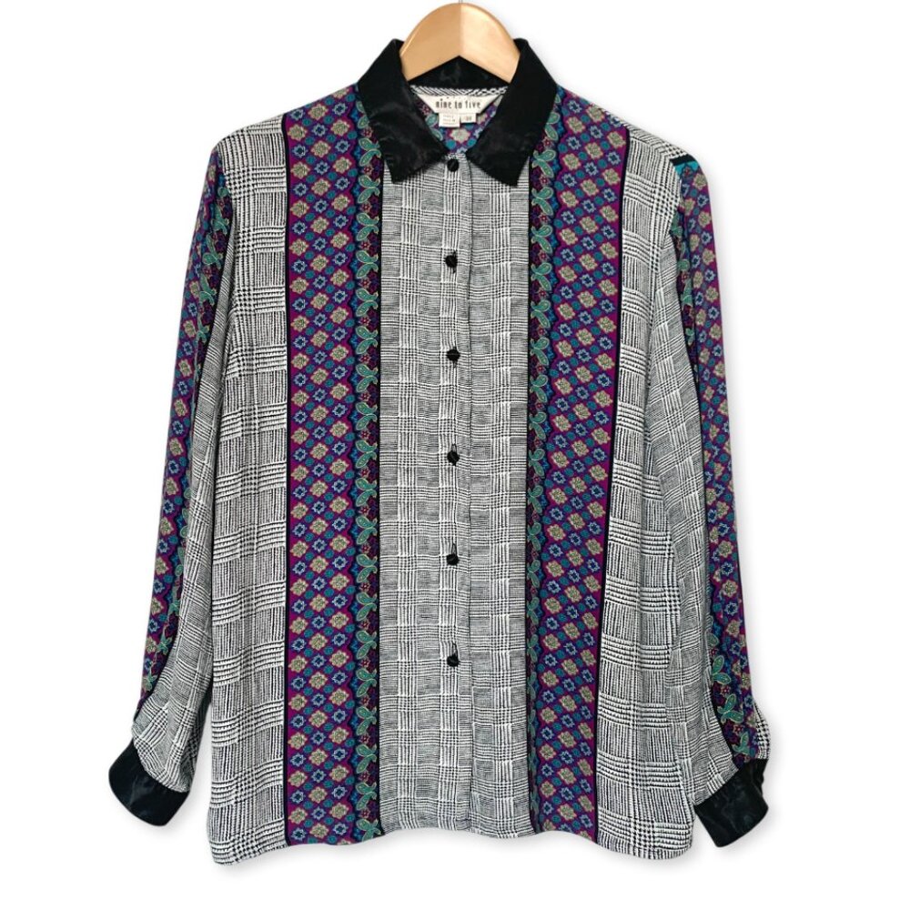 Vintage Nine to Five Herringbone Paisley Button Up Blouse Top Office Grandma